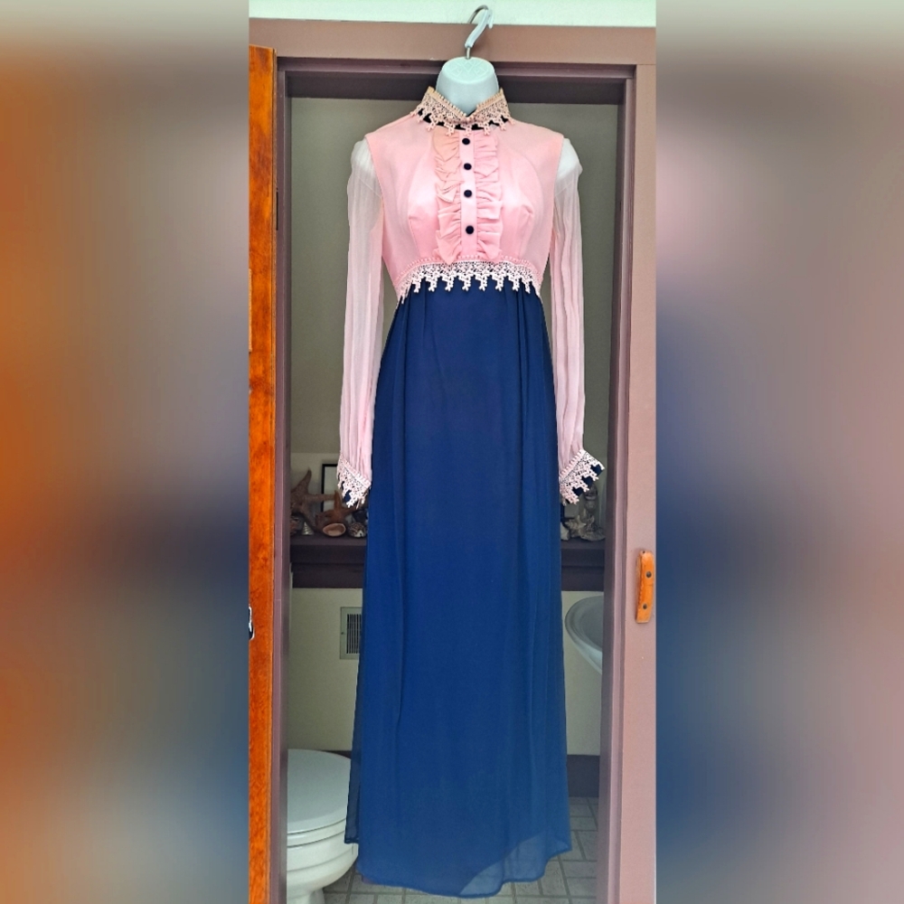 VINTAGE 1960s Pink Blue Empire Waist Lace Maxi Dress Ruffled Tuxedo Front Dress